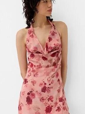 pink bershka dress Bershka Square Neck Ruched Side Maxi Dress in Pink